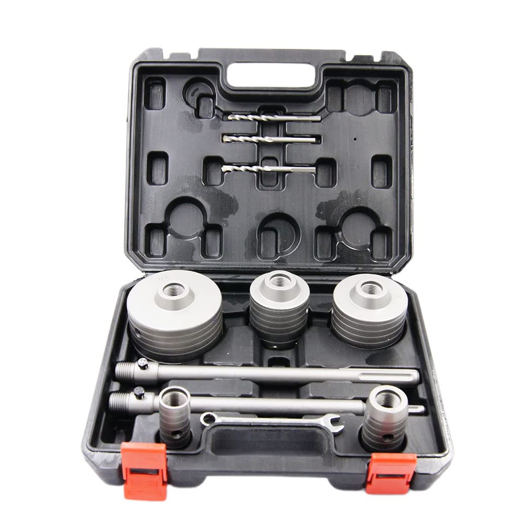 Juego de brocas para hormigón 11pcs, LAIWEI cortadores de agujeros 30mm, 40mm, 65mm, 80mm, 100mm. con 3 brocas SDS y 2 adaptadores 300mm, llave Allen (11pcs)
