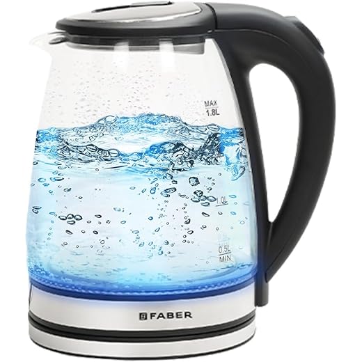Faber 1.8L Electric Glass Kettle | 1500W | 2MM Borosilicate Glass | Dry Heat Protection | LED Illumination | Detachable Non-Slip Base | 1 Year Warranty | FWK 1.8L GL BK,Tranparent & Black