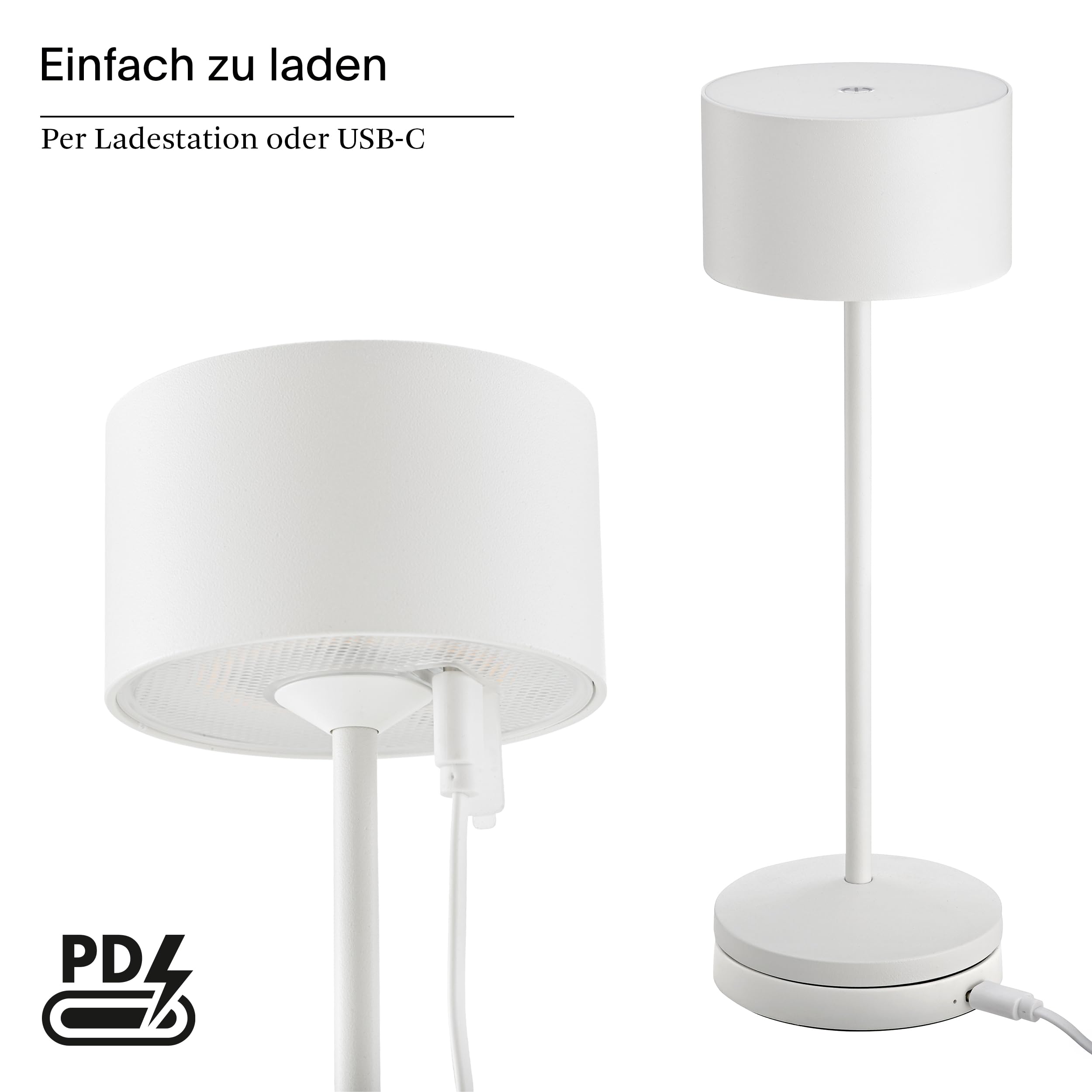 SIGOR Veluna schneeweiß - LED Akku-Tischlampe dimmbar & kabellos mit FlexMood (2200K/2700K), bis 14h Leuchtdauer, USB-C Ladefunktion, IP44 Outdoor & Indoor, Aluminium, Design-Lampe