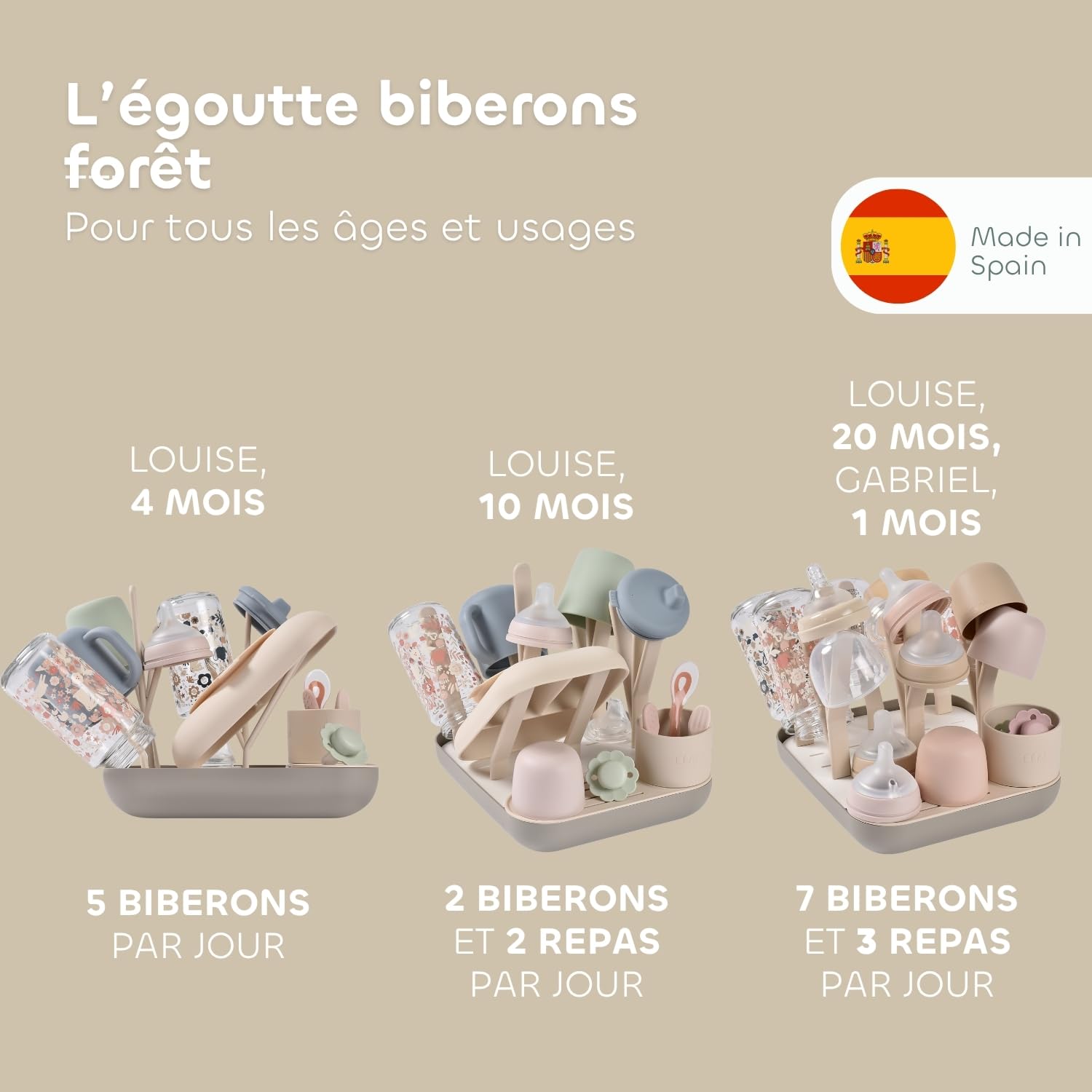 Béaba, Egoutte-biberons et Séchoir, Grande Capacité, Modulable, Jusqu'à 6 Biberons et Vaisselle Enfant, Pot à Accessoires, Ecoulement Optimisé, Facile à Ranger, Compact, Pratique, Argile
