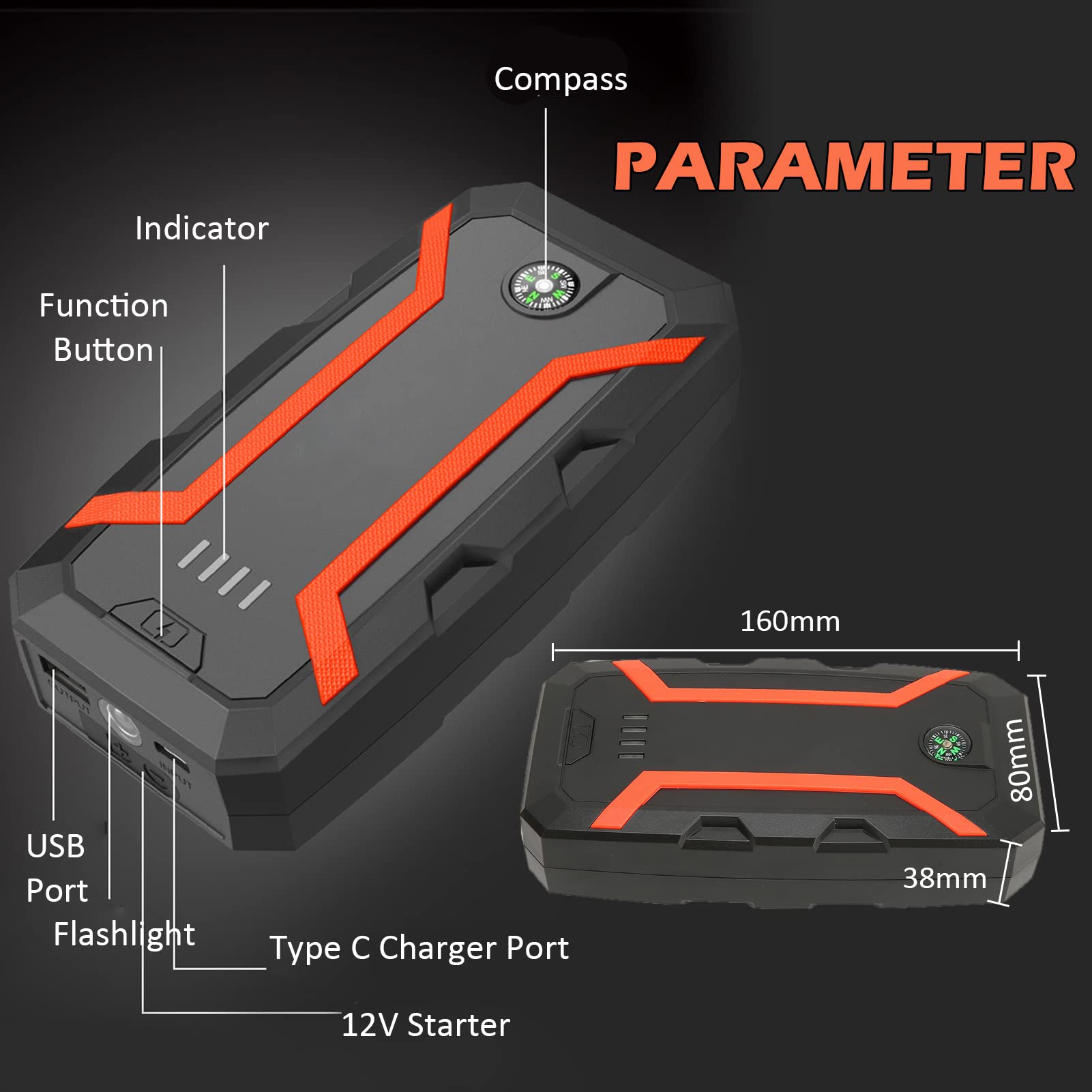 Démarreur de Voiture Portable, 12 V 1500 A Courant de Crête 12 000 MAh Booster de Batterie de Voiture (jusqu'à 7,2 L de Gaz ou 5,5 L de Moteur) avec Boussole LED et Port de