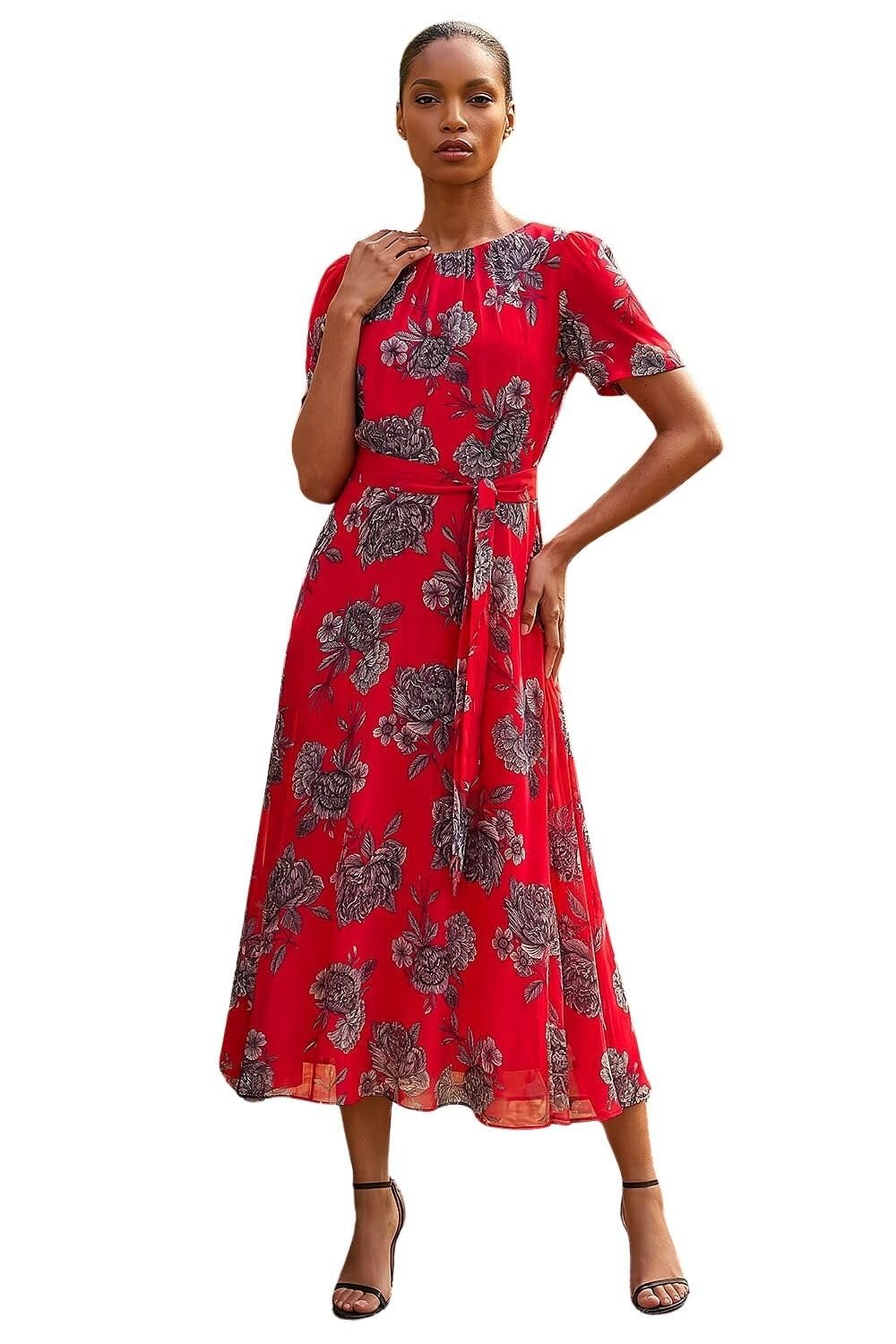 Roman Women's Floral Print Pleat Neck Midi Dress in Red | Size: 14