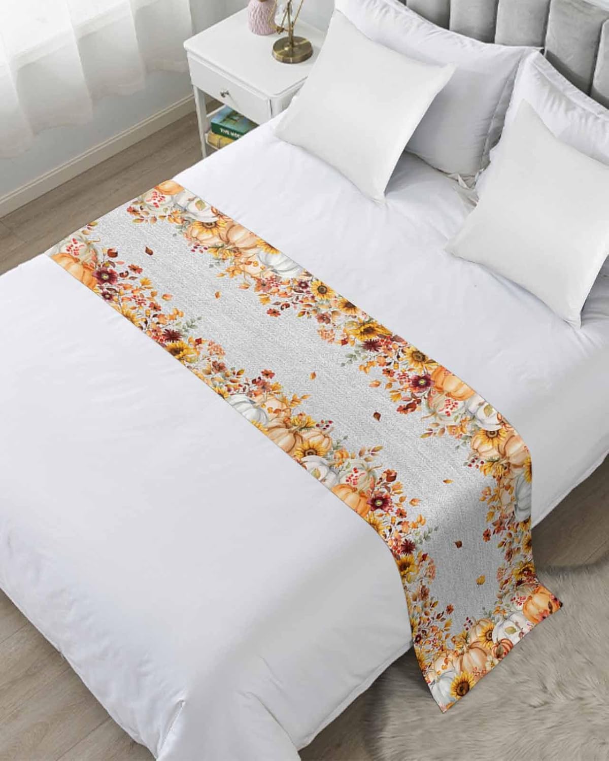 Orange Fall Bed Runner Scarf Full Queen Size, Thanksgiving Pumpkins Sunflower Maple Leaf Luxury Bed Throw Runners & Scarves for Foot of Bed, Bedroom Hotel Wedding Room Decoration, 83"x20"