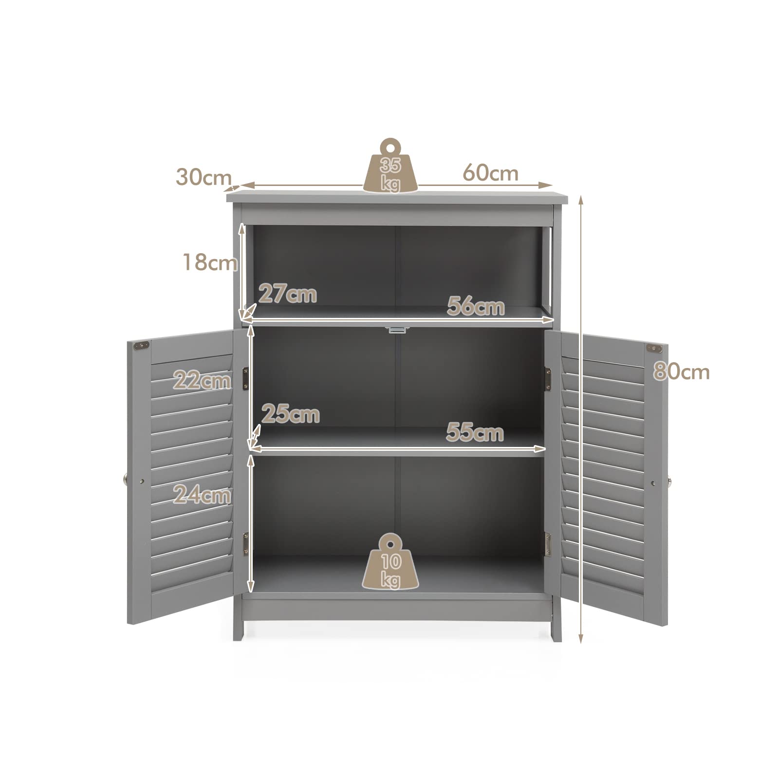 LIFEZEAL Badezimmerschrank 60x30x80 Cm – Mit Türen, Regalen & Kippschutz, MDF, Weiß