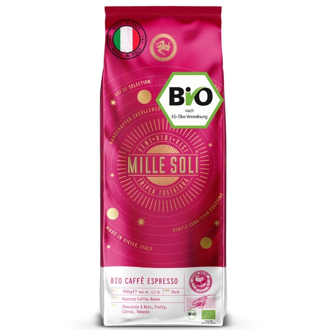 MilleSoli Bio ziarna espresso – palone na Sycylii – ziarna kawy premium 1 kg – 100% Bio Arabica i Robusta – tradycyjne potrójne palenie ręczne