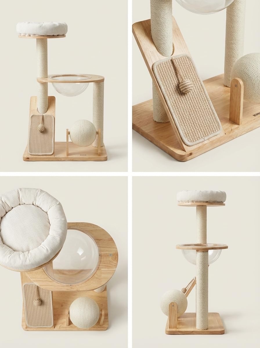 Torre Rascador, Arbol para Gatos, de Madera y Sisal, con Hamaca Transparente, Cama Redonda, Rascador y Bola