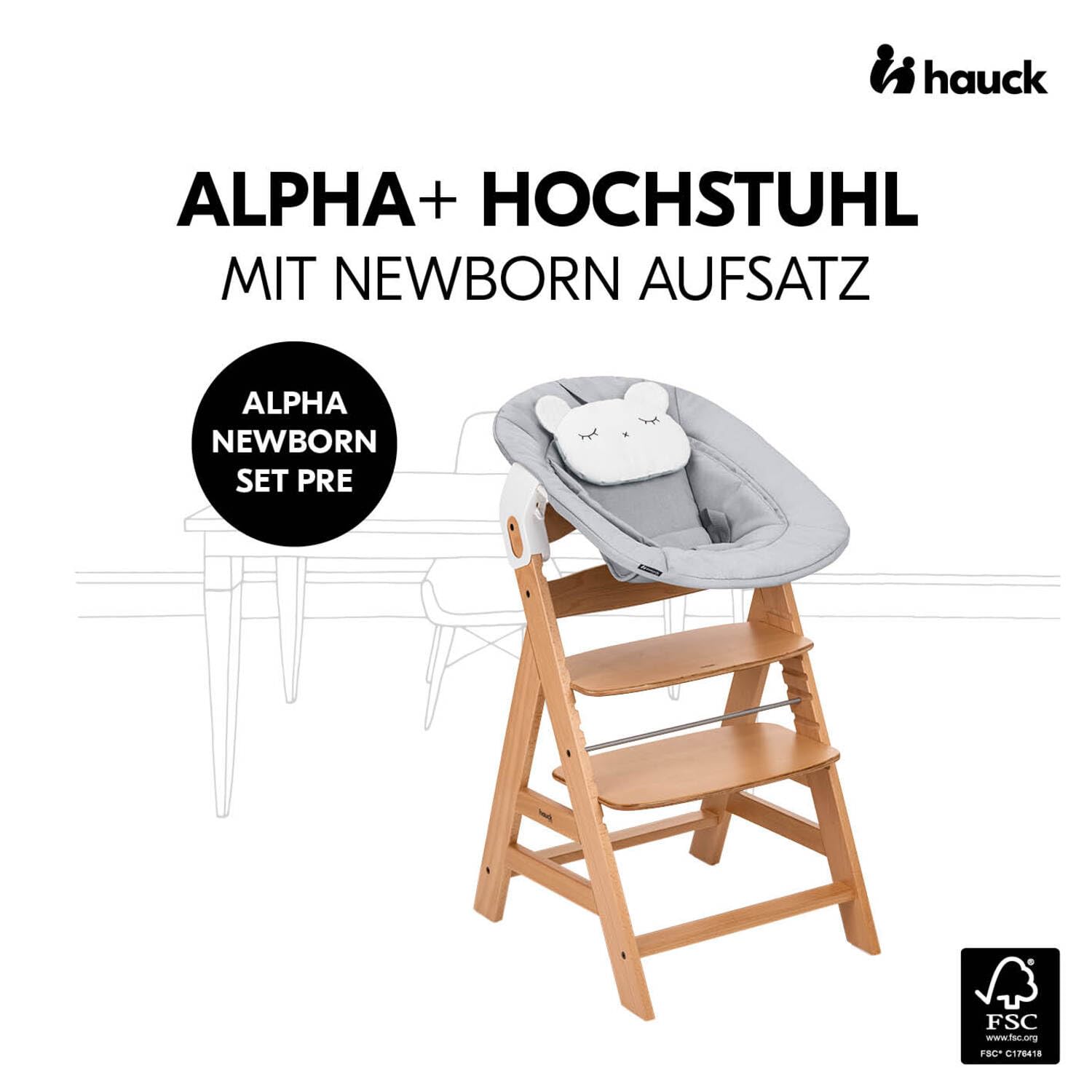 Hauck Alpha Newborn Set PRE Nature Grey Mitwachsender Baby Hochstuhl ab Geburt bis 90 kg Buchenholz