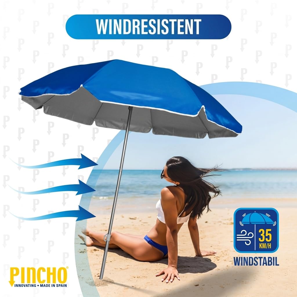 PINCHO Sonnenschirm Strand Windfest Stabil 180 cm - Strandschirm, Sonnenschirm Klein mit UV Schutz 50, Transporttasche, Klappbar, Tragbar - 160 cm Ø, Stahlrohr 22/25 mm, 35 km/h, Grün