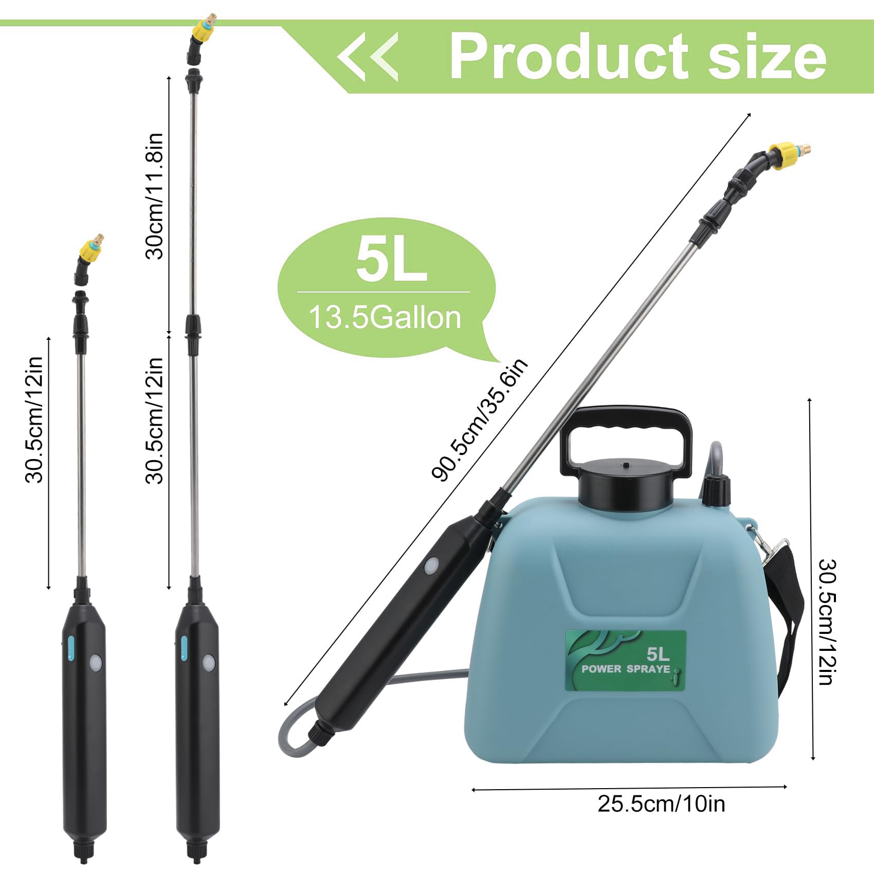 Spruzzatore Elettrico, Spruzzatore Da Giardino Elettrico 5L, 2400 mAh Spruzzatore 3 ugelli nebulizzatori, impugnatura ricaricabile USB, bacchetta retrattile e tracolla regolabile per prato, giardin