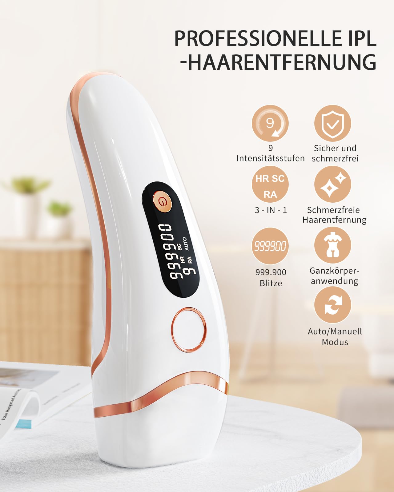 Haarlosy IPL Gerät Haarentfernung Laser 999,900 Lichtimpulse 3 Funktionen HR/SC/RA 9 Energiestufen Körper Gesicht Bikinibereich