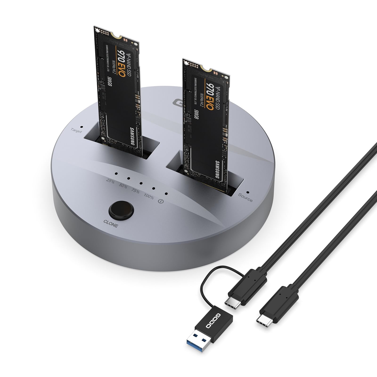 GODO NVMe/SATA M.2 Duplicator Dual-Bay Offline Clone USB C to NVME/SATA Docking Station for M2 SSD M Key and B+M Key Hard Drives Enclosure, Tool Free Aluminum10 Gbps USB3.1 Gen2 Type-C Adaptor
