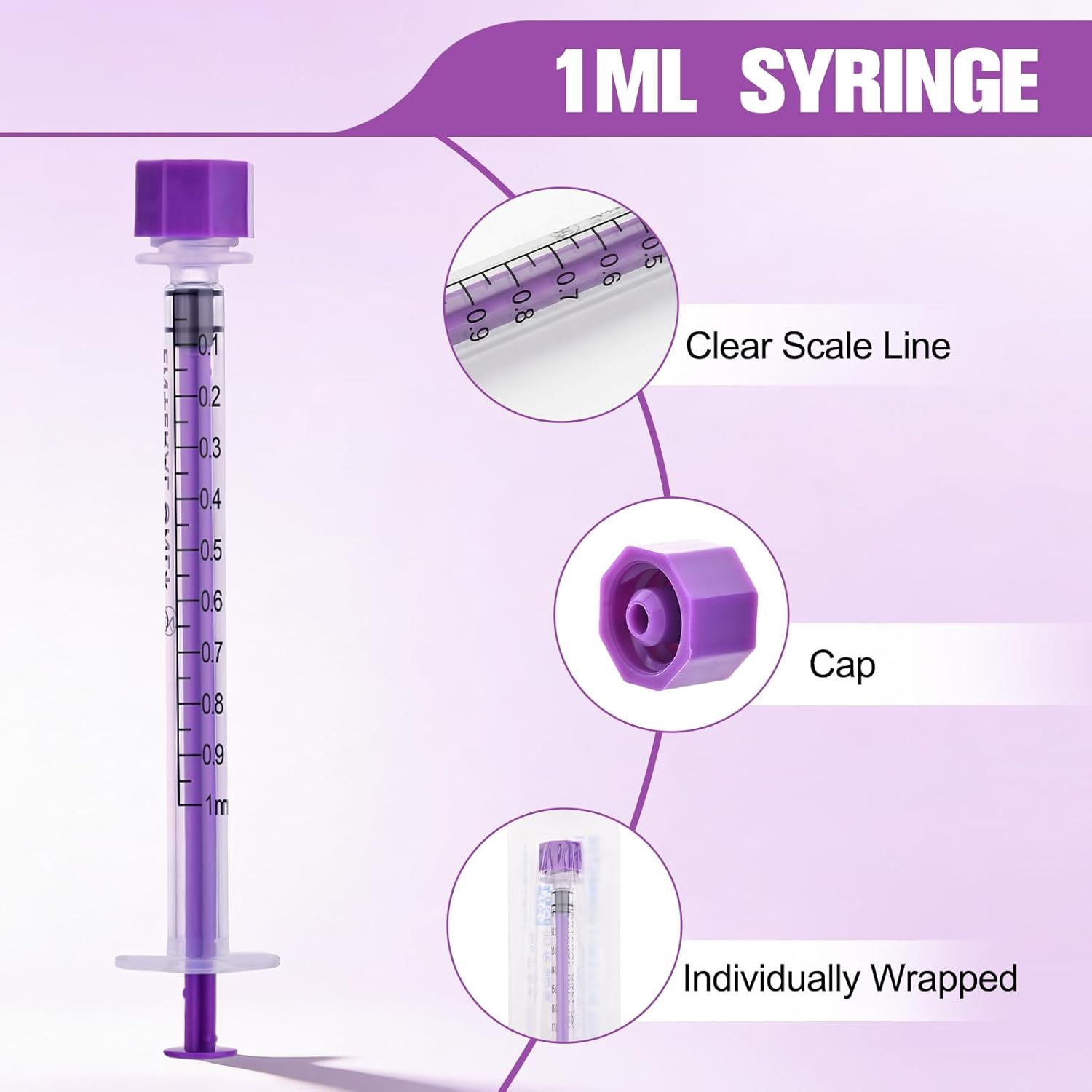 1ml Syringe with Cap, 1cc Plastic Syringes for Liquid, Feeding, Individually Wrapped 20 Pack