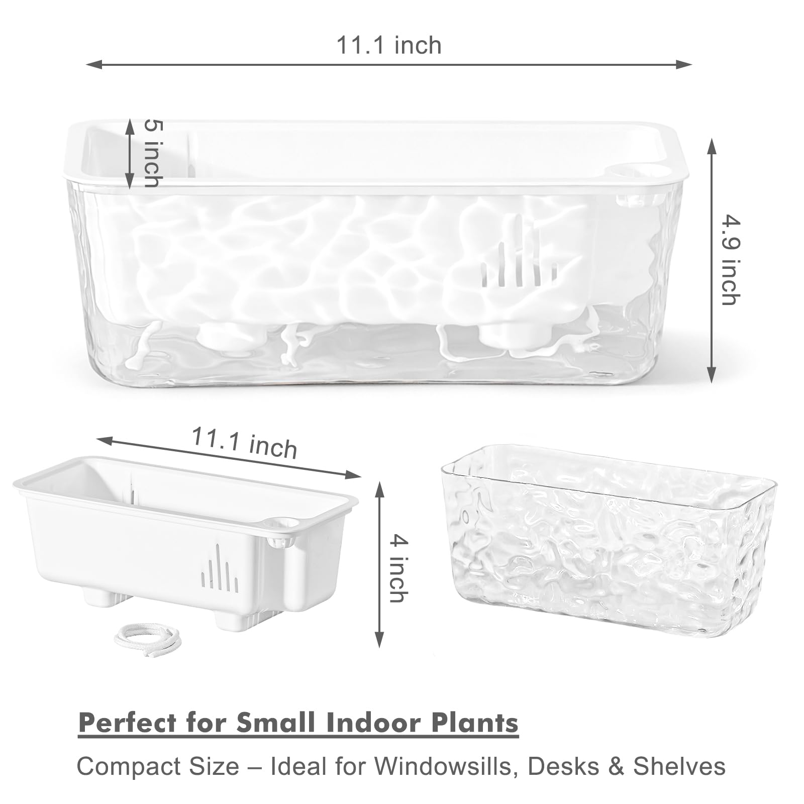 Macetas de riego automático para planes de interior, 4 paquetes de macetas rectangulares de autorriego de 11 pulgadas, macetas rectangulares transparentes largas para hierbas, alféizar de ventana