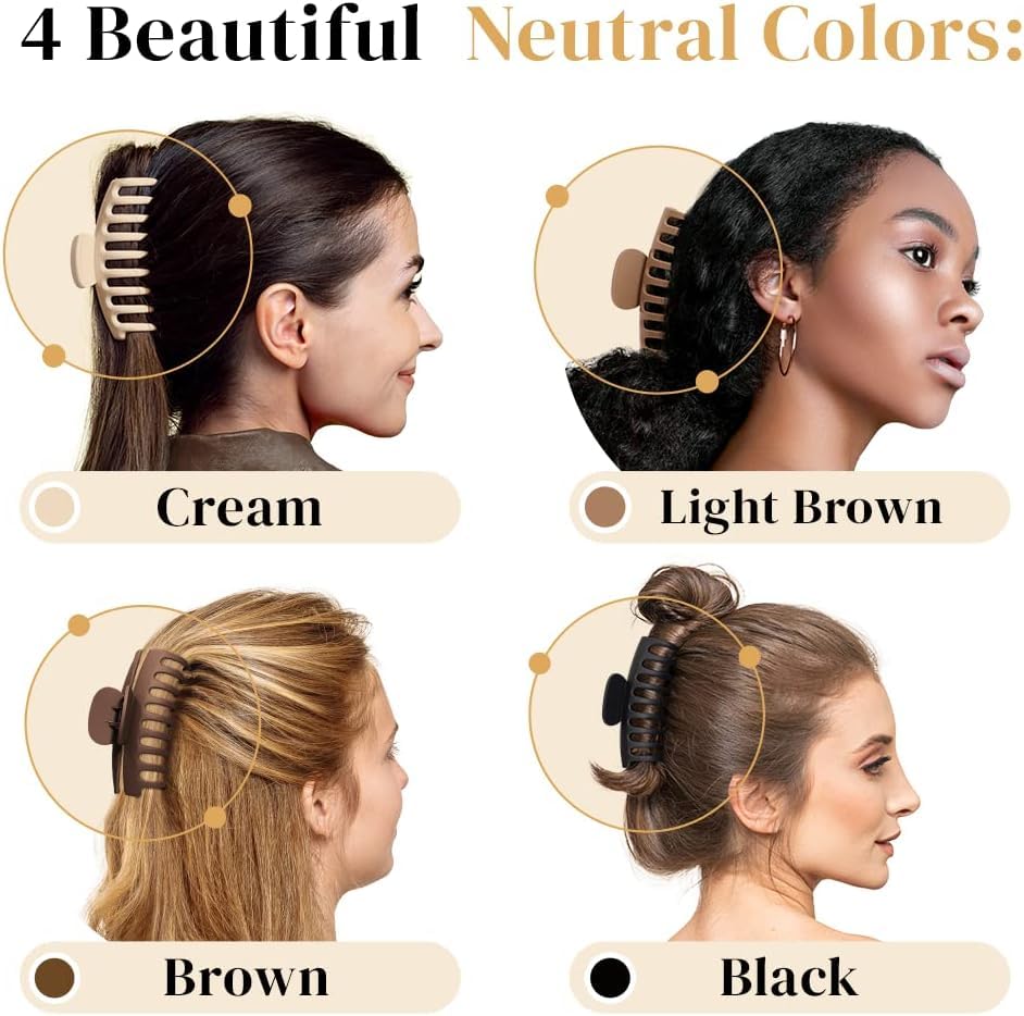 Image of PACTIV Girls Big Hair Clips Claw, Matte Neutral 4 Pack for Thick Hair - New Random Color