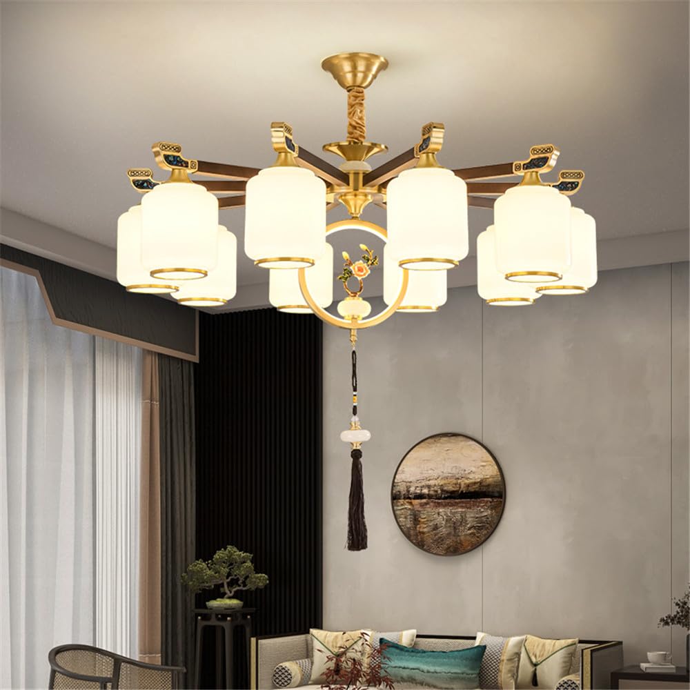 LYMSXAZOU Contemporary Luxury Brass Chandelier LED Chinese Style Living Room Bedroom Dining Villa Hotel Tearoom Cafe Pendent Lights (O 10 Lights)