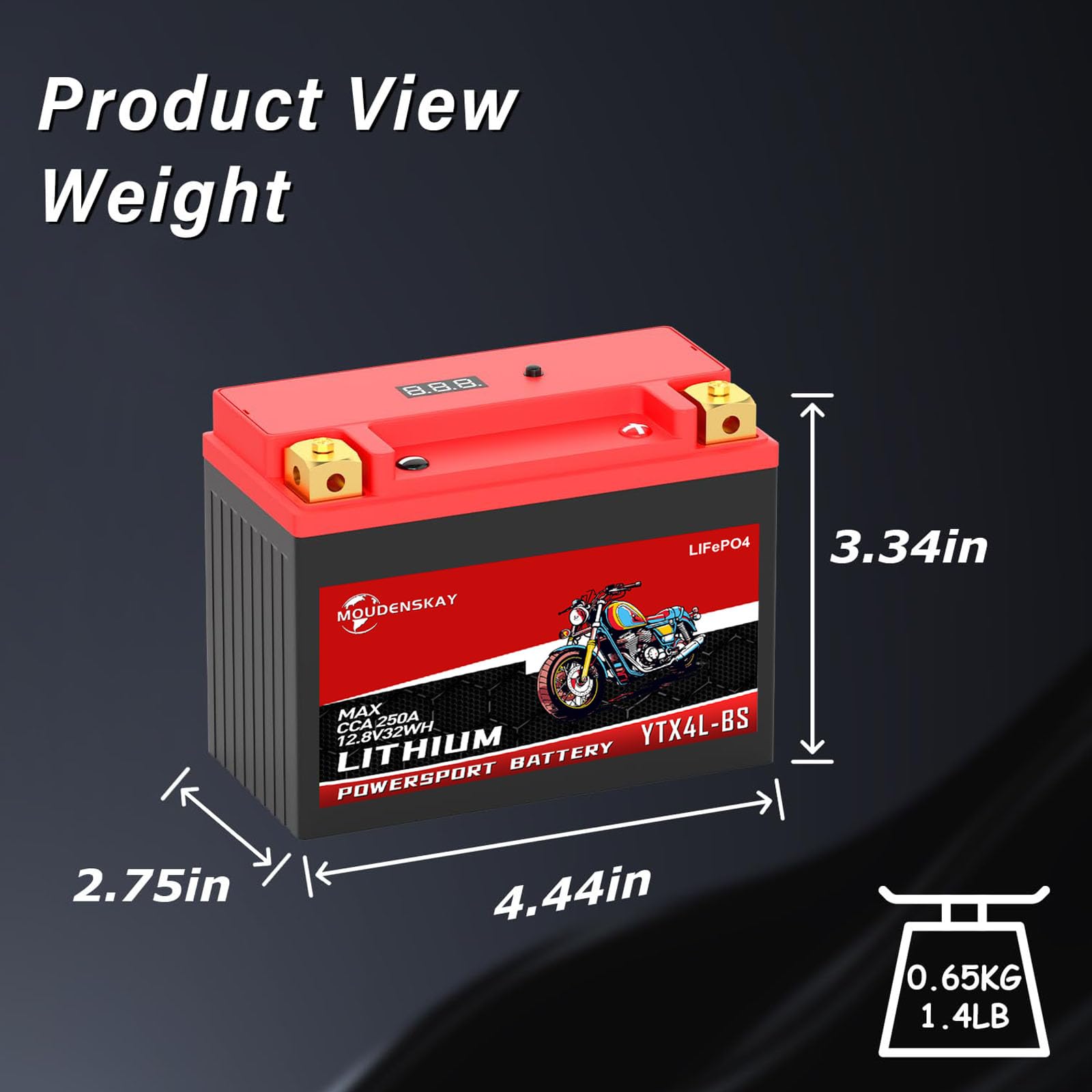 Batteria al Litio per Moto 12V Batteria al Litio Powersports con BMS e indicatore 32WH 2.5Ah 180-250CCA YTX4L-BS LiFePO4 batteria di avviamento per moto,ATV,UTV,veicoli d'acqua, ecc
