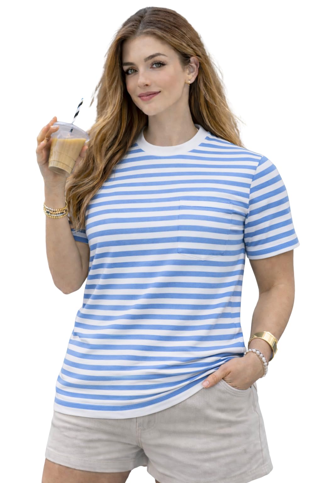 Jack & Jones Women Cotton Striped T-Shirt | Regular Fit | Half Sleeve | Casual Round Neck Tee-MJ-156 in neutral