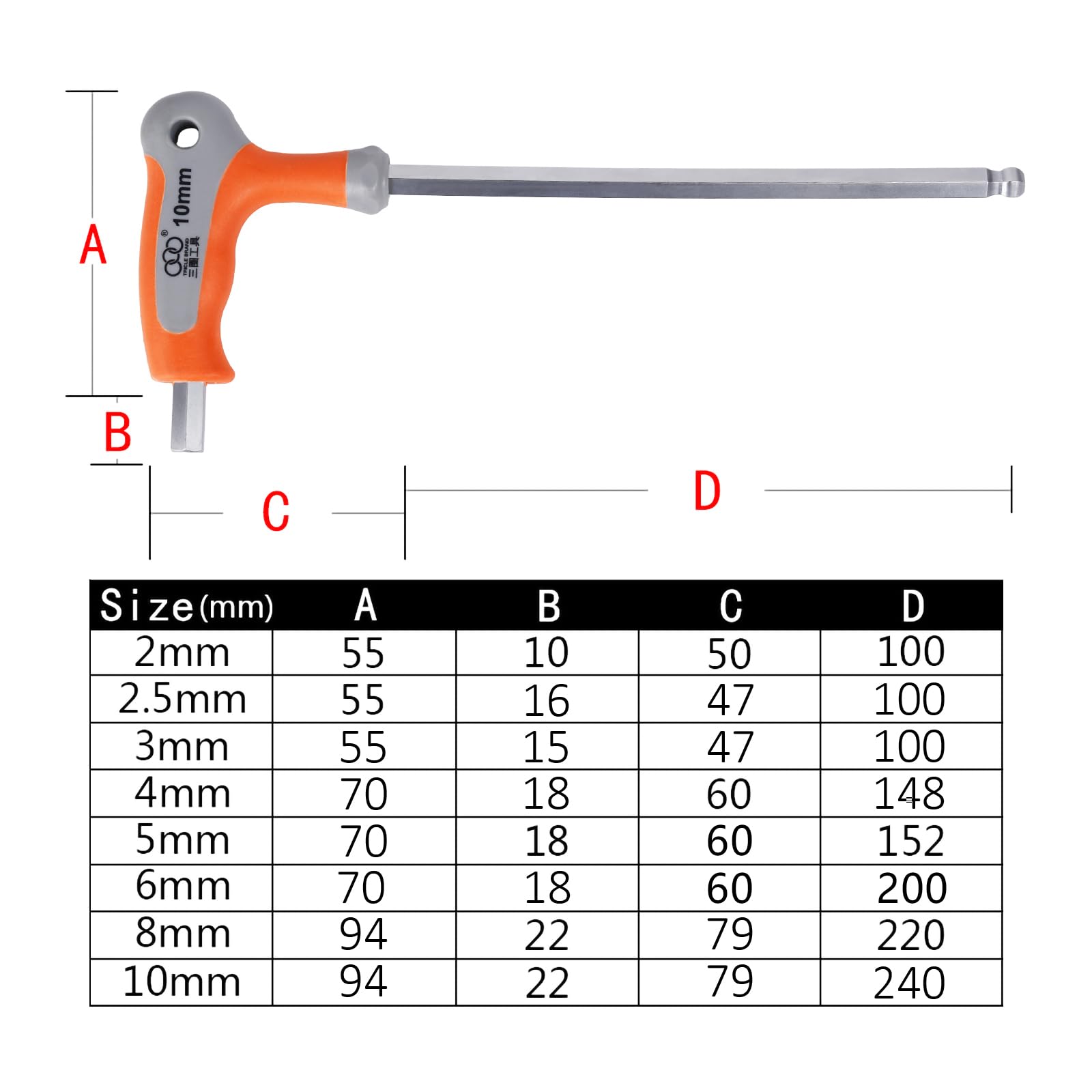 Larcele Llave Allen deLlave métrica hexagonal Llave en T con extremo de bola CR-V 2-10mm NLJBS-01 (2+2.5+3+4+5+6+8+10mm)