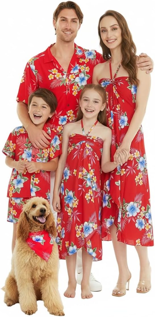 Matchable Family Hawaiian Luau Men Women Girl Boy Clothes in Hibiscus Red