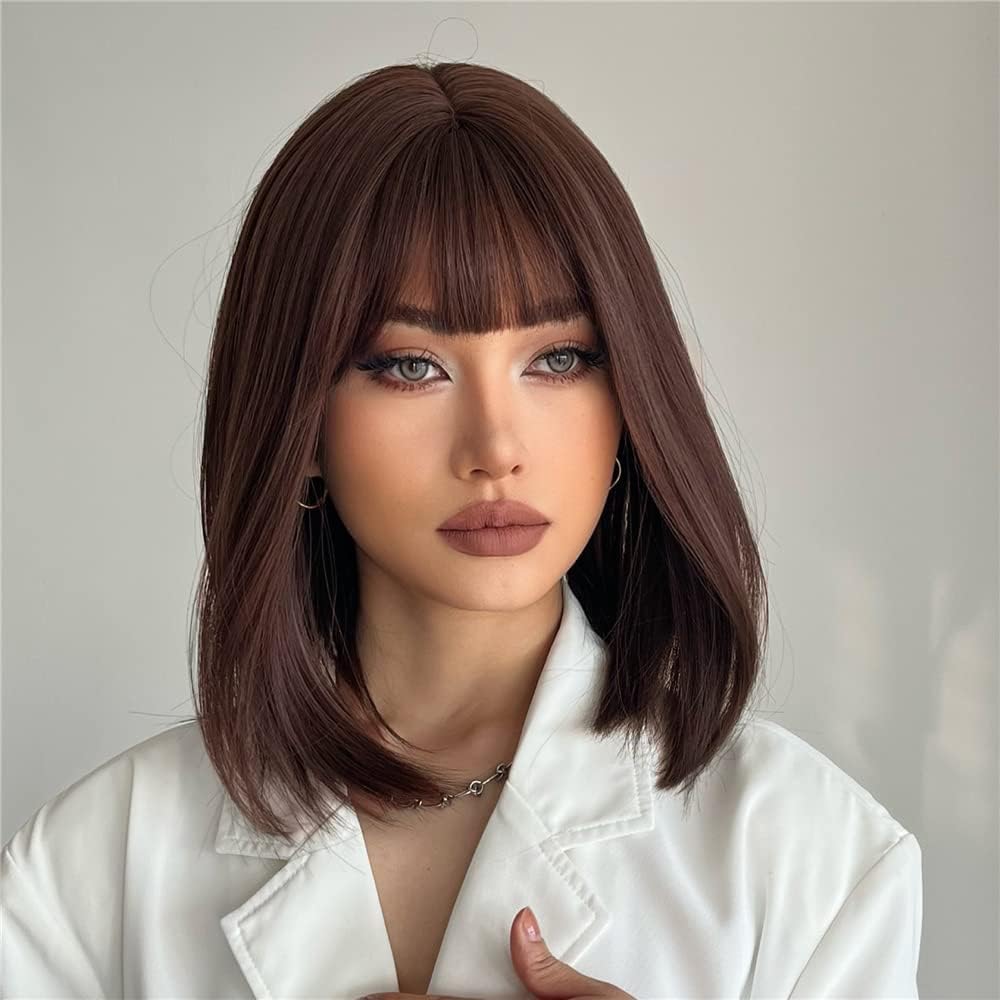 PORSMEER Medium Long Hair Wigs for Women Ladies Brown Bob Wigs with Fringe Natural Straight Synthetic Hair Wig 16 Inches,Everyday or Halloween Fancy dress Wig