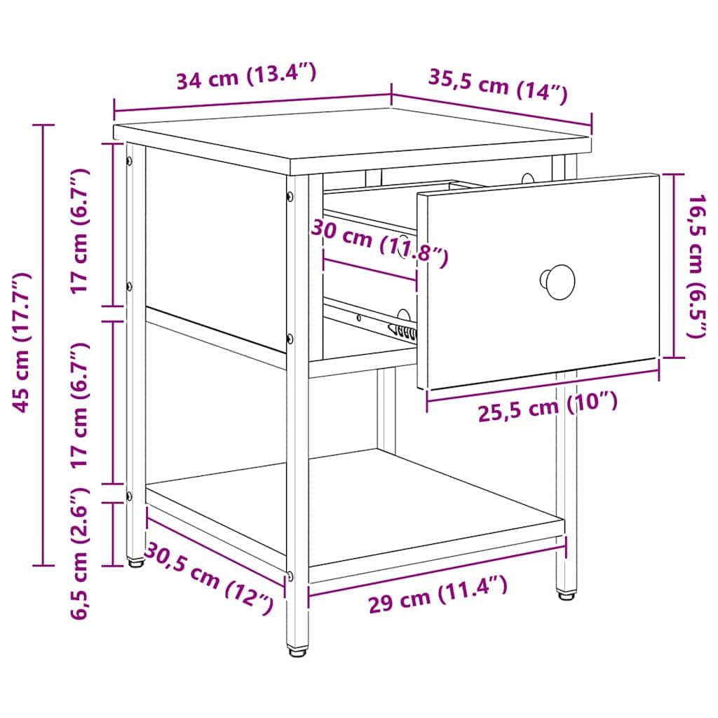 Comodino in rovere Artisan, 34 x 35,5 x 45 cm, con cassetto e ripiano, stabile tavolino per camera da letto, soggiorno, corridoio, con molto spazio e design elegante