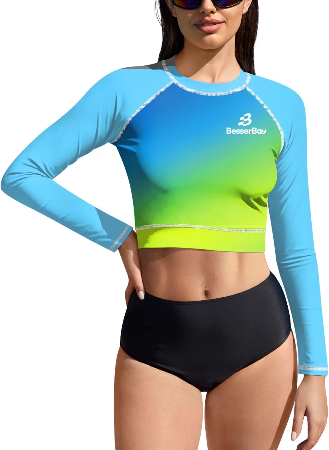 Women Summer Crop SPF UPF Swimming Rashguard Sunscreen Sunproof Sunblock Swimwear Blue Green Gradient M