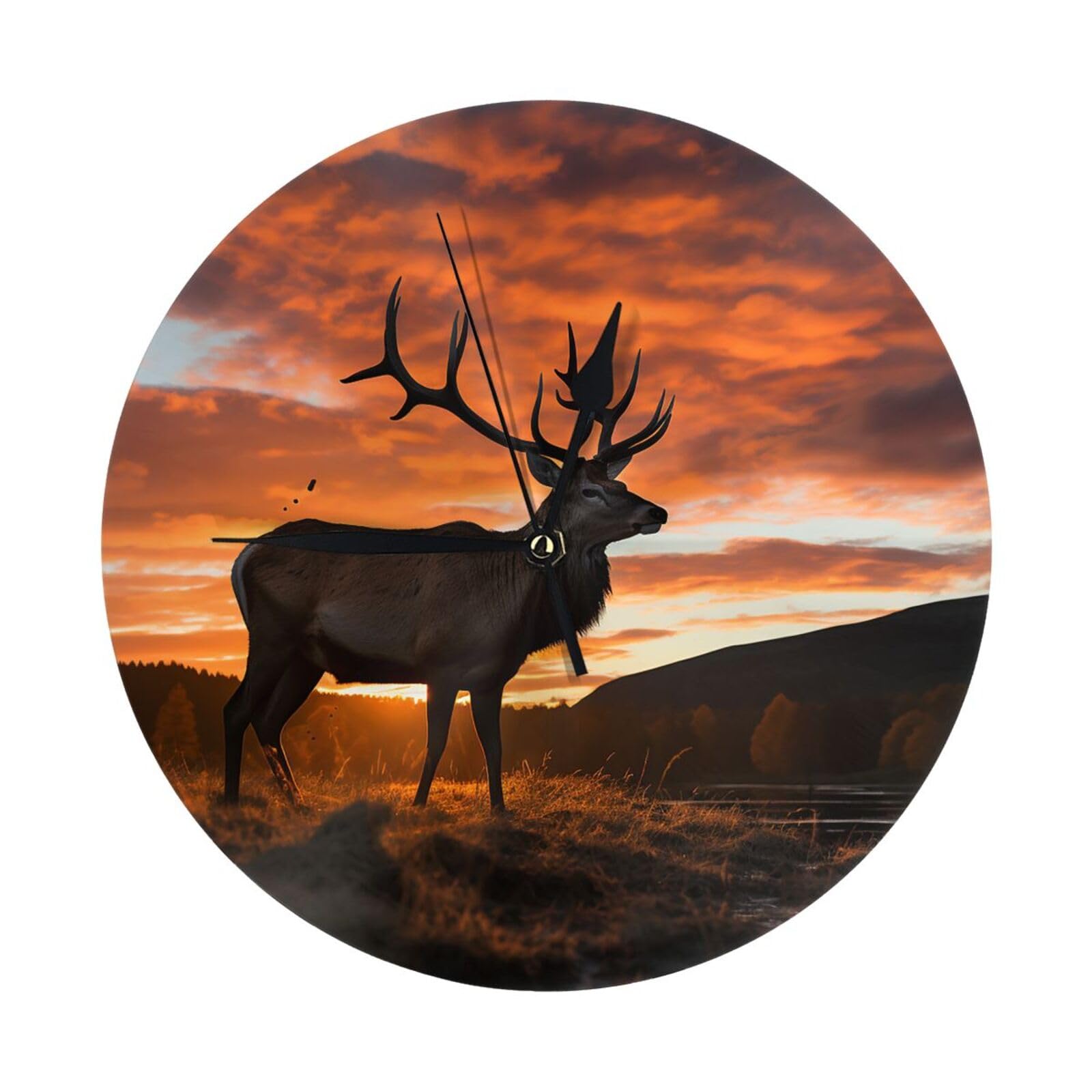 FodPand Red Deer Bull Elk Sunset Wall Clock - 10 Inch Silent Non-Ticking Modern Wall Clocks Battery Operated - Classic Simple Minimalist Analog Round Decorative Clock for Kitchen, Home, Office