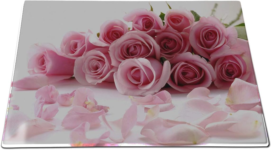ShopQuality4U Premium Medium Glass Cutting Board Cheese Board Board Pink Roses Bunch Design Kitchen Worktop Saver Protector
