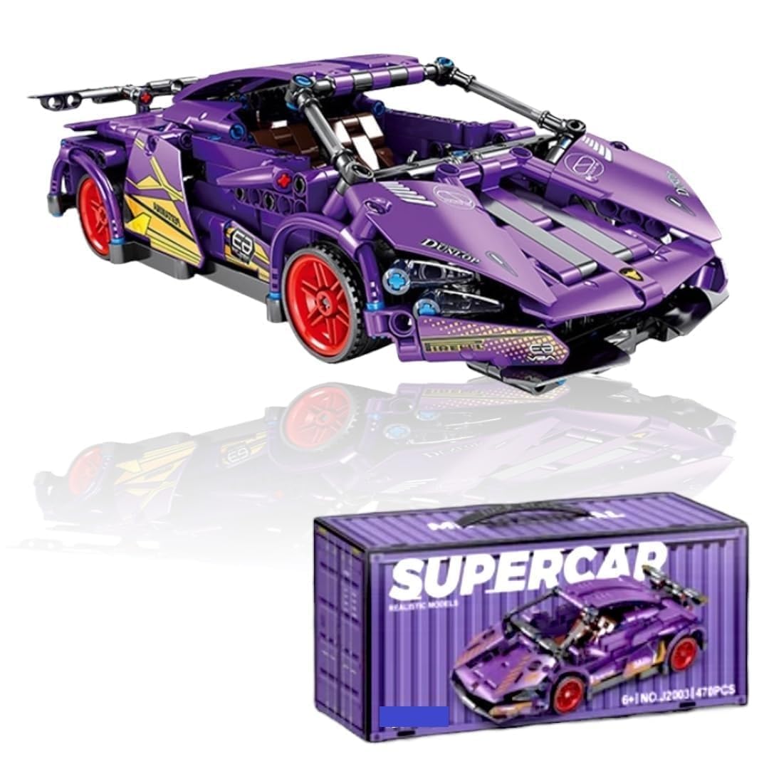 Favrallo 1:18 Scale Green Racing Car Building Block Set | 470 PCS Pull Back Supercar Model | DIY Assembly Sports Car Toy | Compatible Bricks for Kids, Adults & Collectors (Purple Lamborrghini)