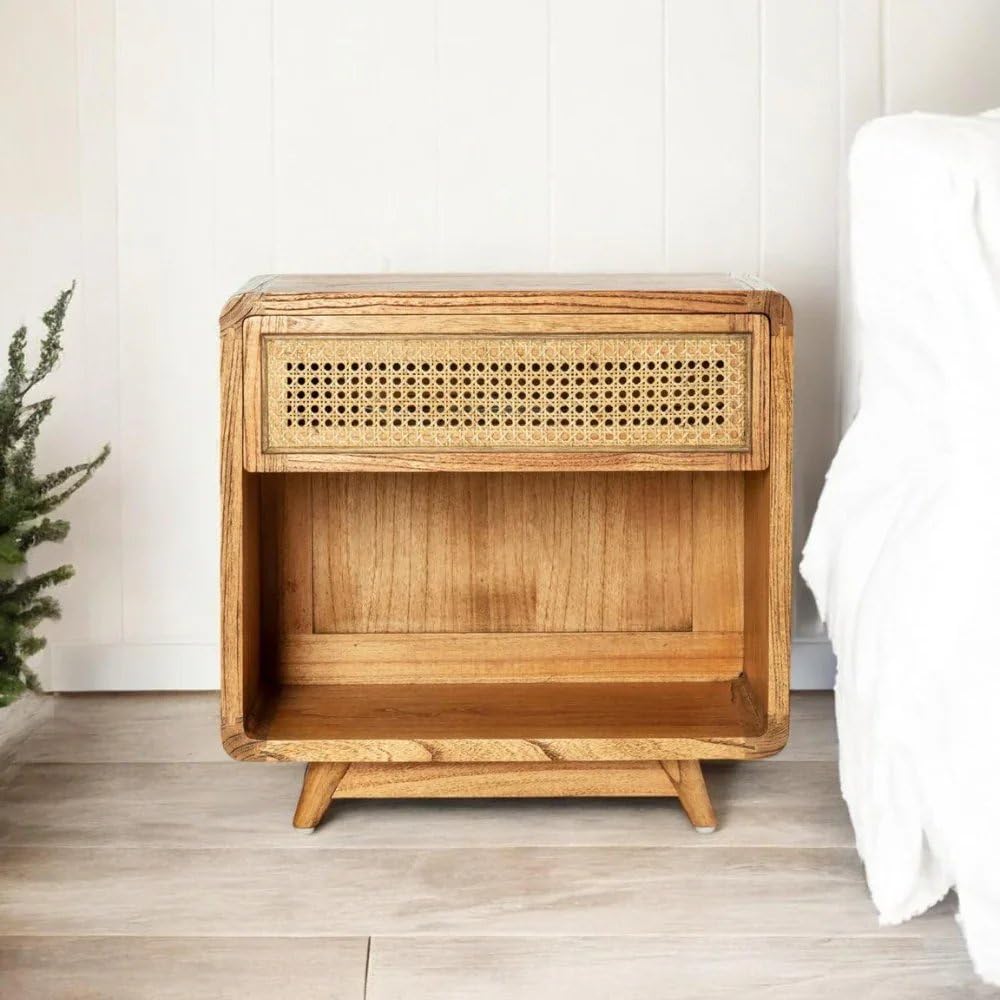 Wooden Twist Svlozy Modern Wooden Nightstand Rattan Bedside Table with 1 Spacious Storage Drawer & Open Shelf Open Bottom Shelf Provides Easy Access for Displaying Décor Pieces-image-36