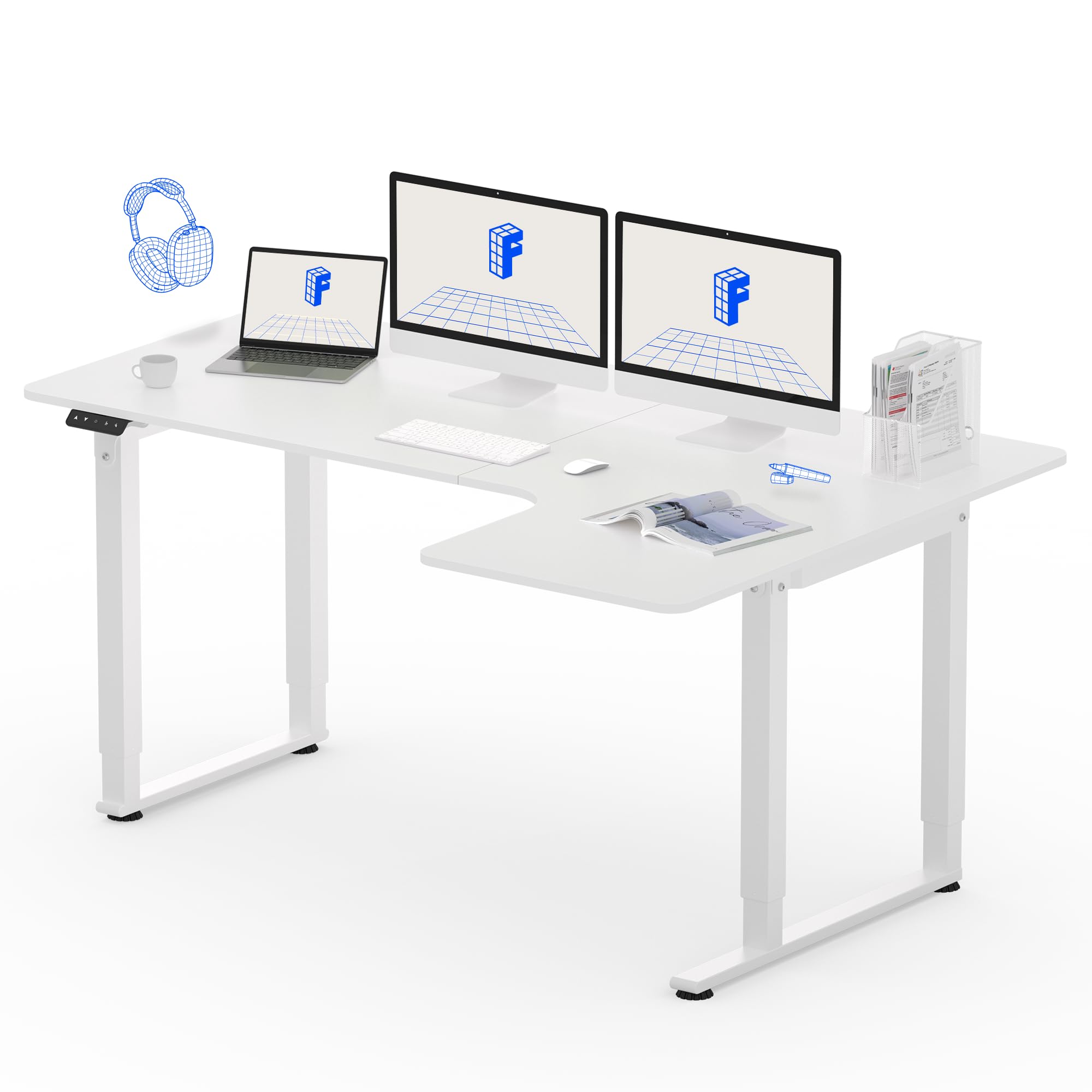 FLEXISPOT Dual Motor L Shaped Standing Desk 4 Legs Corner Desk Computer Electric Sit Stand Up Desk Height Adjustable Home Office Table with Splice Board, 63x43 White