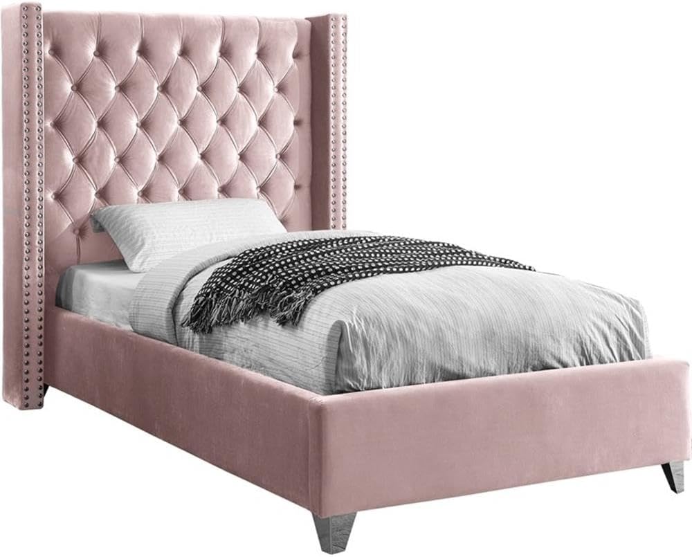 Meridian Furniture Aiden Collection Modern | Contemporary Velvet Upholstered Bed with Deep Button Tufting, Solid Wood Frame, and Custom Chrome Legs, Twin, Pink