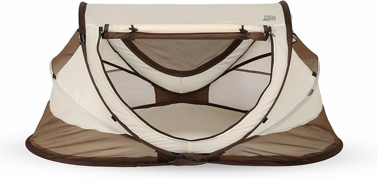 DERYAN Toddler Travel Cot with Mattress from Birth to 4.5 Years - Pop Up Bed Tent Set Up in 2 Seconds - Includes Mosquito Net and Travel Bag, Fast & Compact Folding, Lightweight Hazel