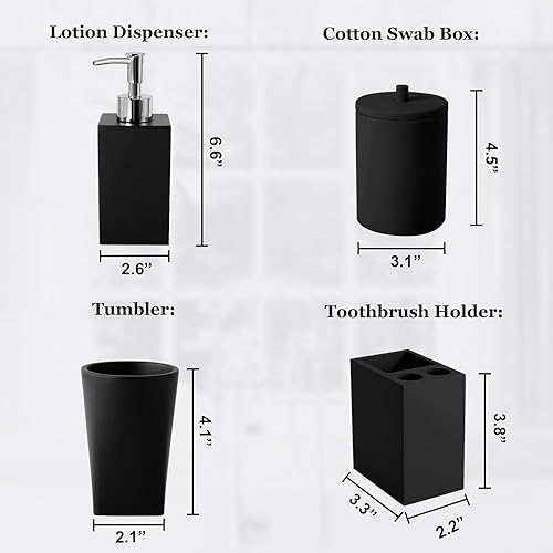 Miniatura 8 de Juego de baño negro de resina, 5 piezas, juegos de baño negros con jabonera autodrenante, soporte para cepillos de dientes, decoración moderna para