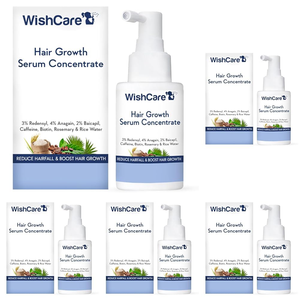 WishCare Hair Growth Serum Concentrate - 3% Redensyl, 4% Anagain, 2% Baicapil, Caffeine, Biotin & Rice Water - Rosemary Hair Serum for Hair Fall Control & Hair Growth 30ml (Pack of 5)