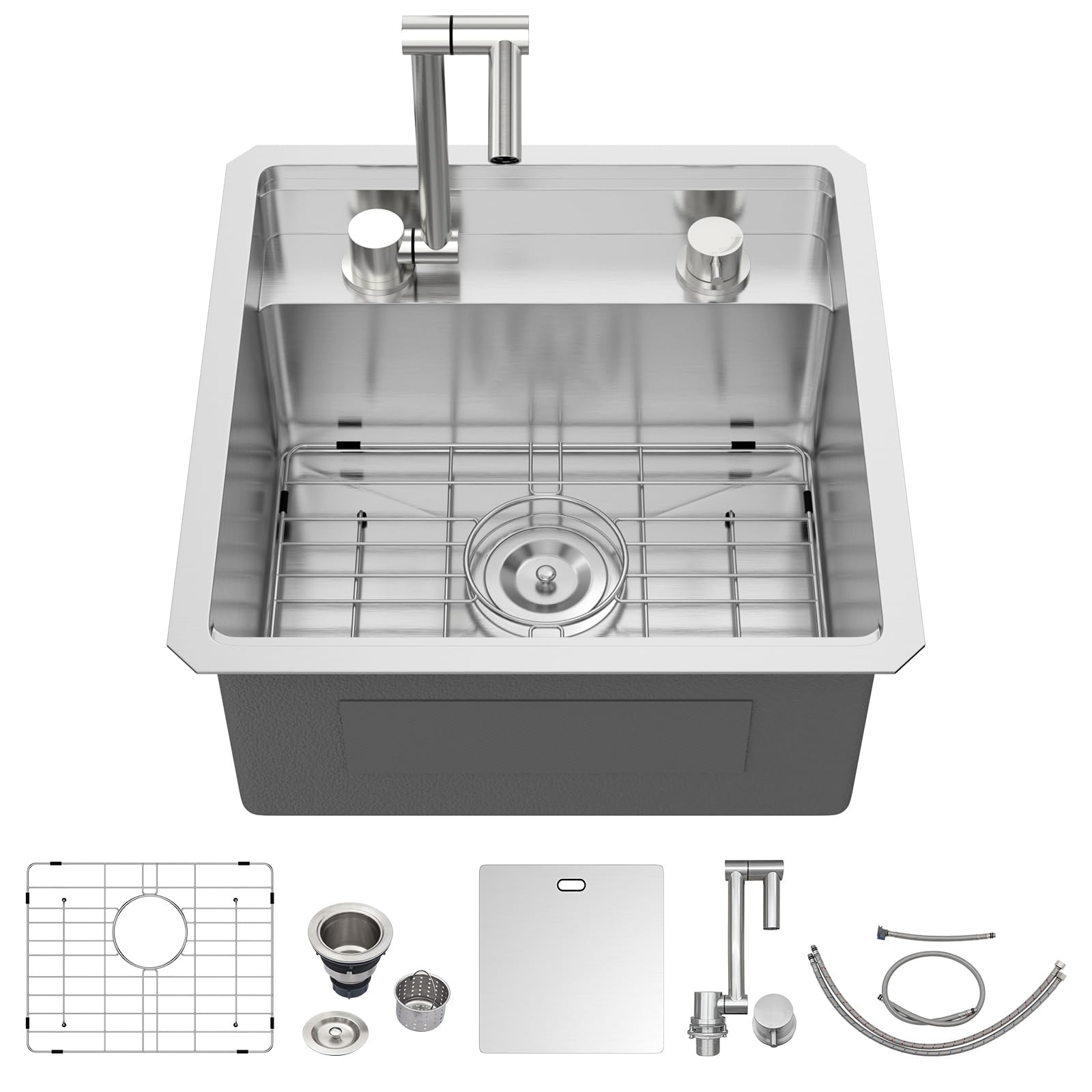 18 x 18 Inch Outdoor Sink Undermount RV Sink Workstation 16 Gauge Stainless Steel Single Bowl Handmade Outdoor Kitchen Sinks With Folding Faucet 18"x18"x9"