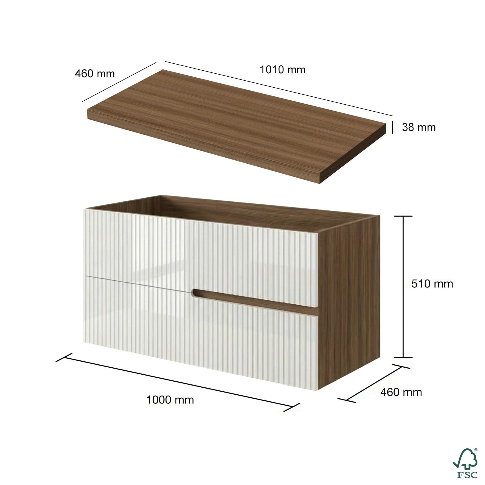 SANIVERRE EVA Meuble Vasque à Poser Suspendu L.100 cm Chêne Moka 2 Tiroirs Blanc Brillant Cannelé (sans Colonne) Salle de Bain