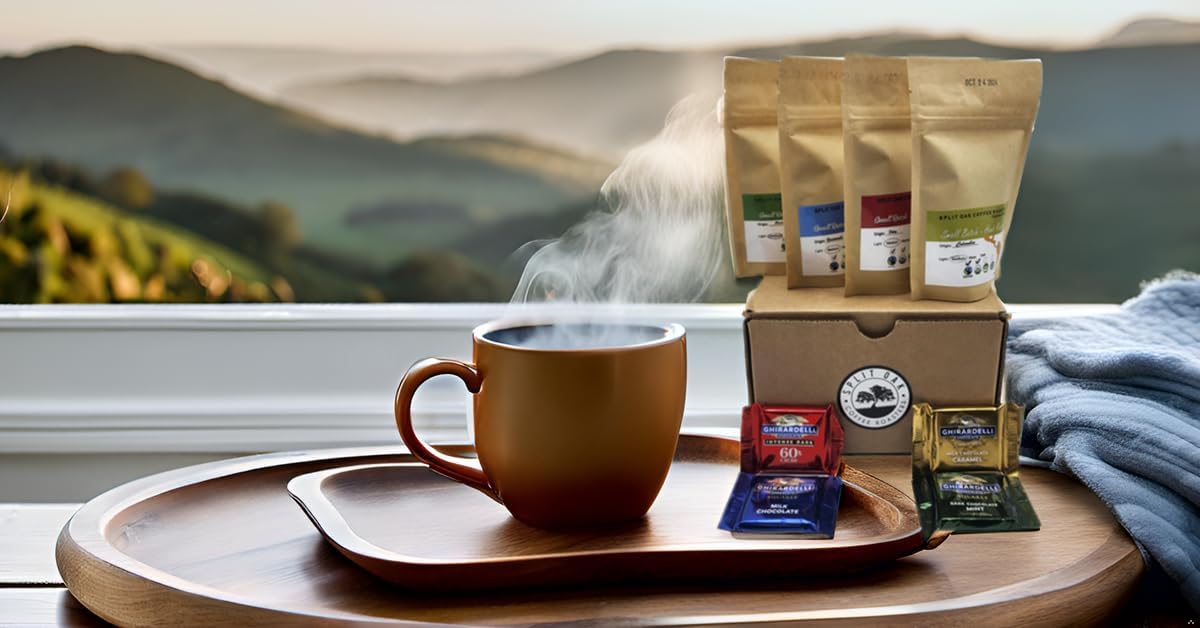 - Split Oak Coffee Gift Set - 4 Medium Roast Coffees whole beans varieties: Peru, Brazil, Guatemala, Ethiopia and 4 Assorted Delicious Chocolate Squares