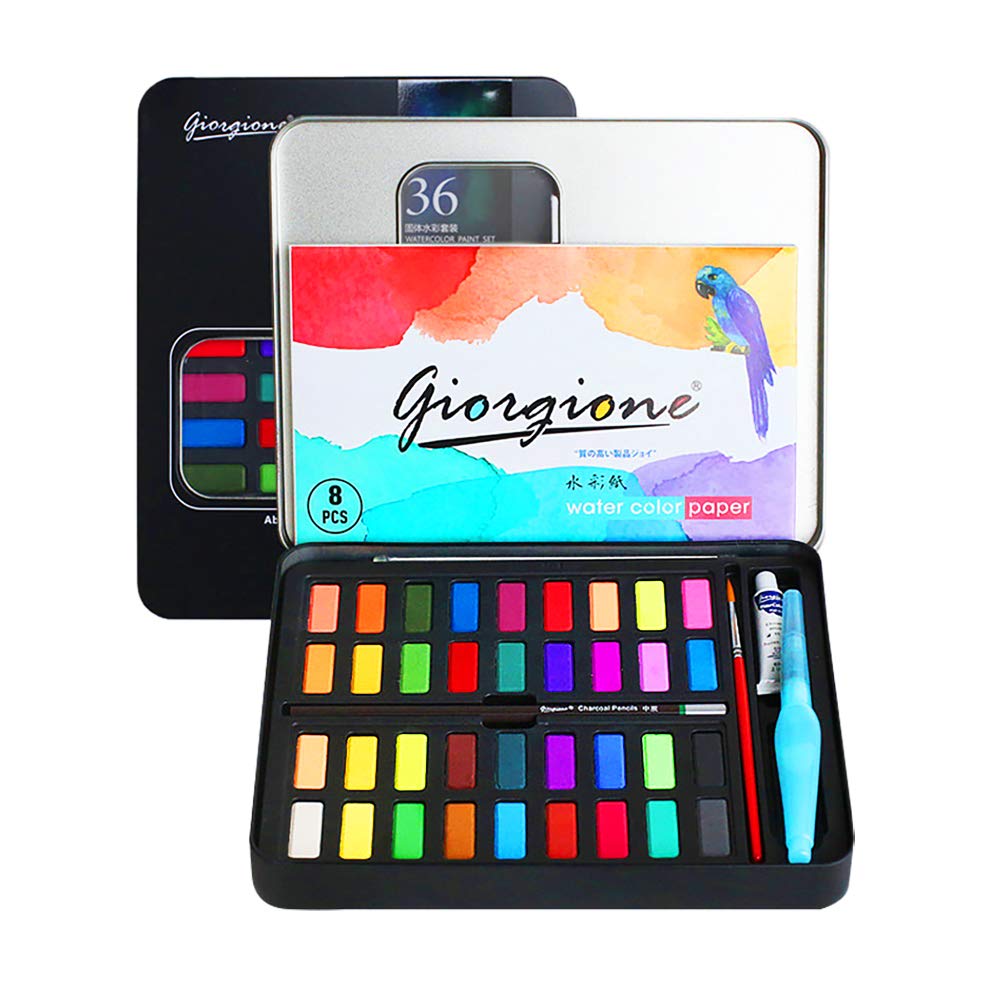 Watercolor Paint Set Professional 36 Color Solid Watercolor Paint is Matched with Nylon Brush, Carbonized Pencils, Fountain Pens and Watercolor Papers for Painting, Art Design and Gift Sets.