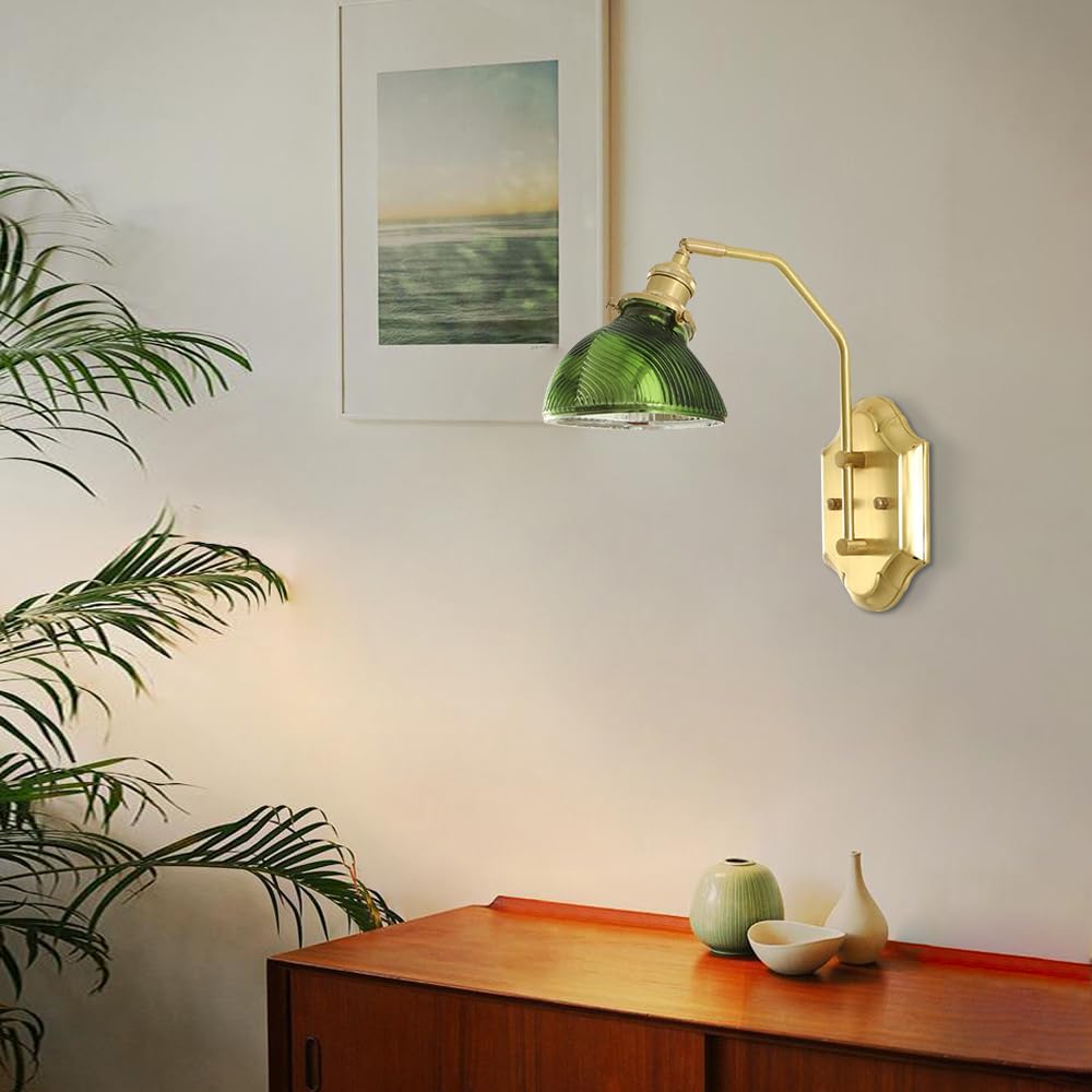 Applique da Parete Vintage in Ottone con Paralume in Vetro, Lampada da Bagno in Oro Anticato, lampade da Parete in Vetro con Attacco E27 per Comodino da Camera da Letto, Illuminazione da Interni