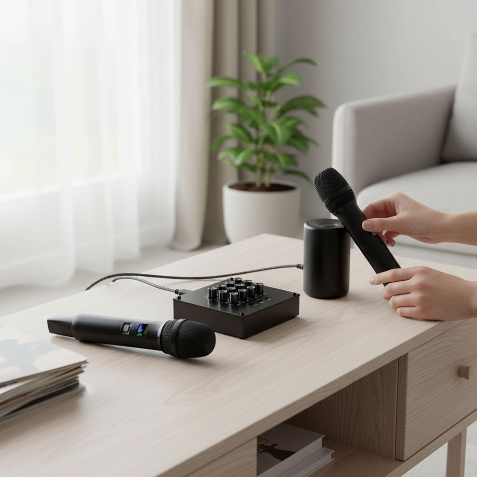 Podwójny Ręczny System Mikrofonów Bezprzewodowych ze Zintegrowanym Korektorem, Mikserem Karaoke do Karty Dźwiękowej, Głośnikiem, Instrumentem, do Użytku na Scenie