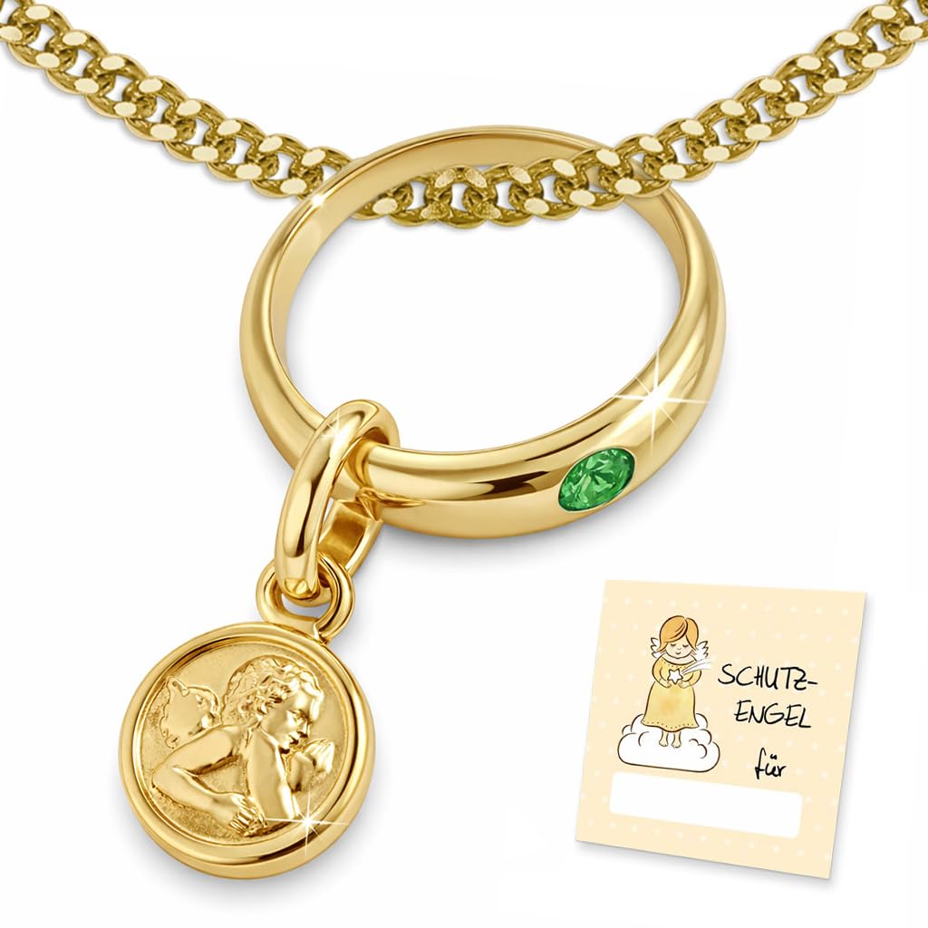 CLEVER SCHMUCK Collana per battesimo in oro con angelo custode, anello per battesimo verde, con catena a maglia barbazzale, 36 cm, in argento sterling 925, con custodia per battesimo