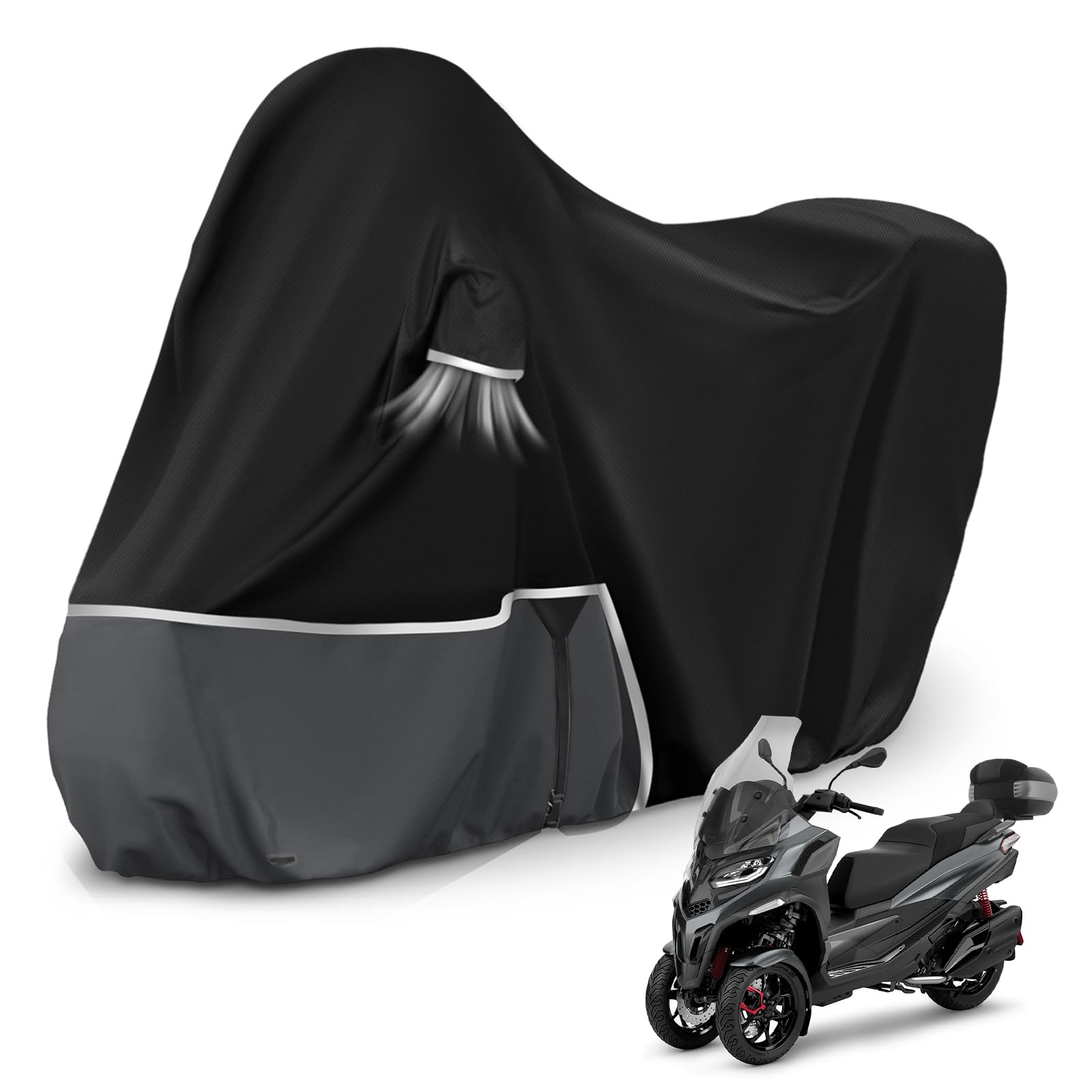 Telo Copri da Esterno per Piaggio mp3 400/500 (con bagagliaio), Telo Copertura Coprimoto Copri Moto mp3 400 500 420D Tessuto Oxford Impermeabile Resistente All'inverno, Nero e grigio scuro