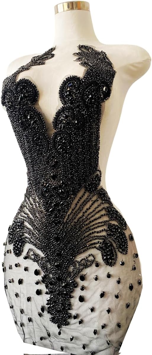 Large Handmade Beaded Crystal Patches Bodice Glass Rhinestone Applique Designs for Prom Formal Dress (Black)