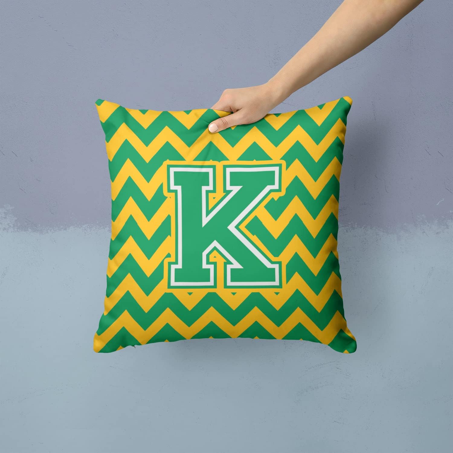 Caroline's Treasures CJ1059-KPW1414 Letter K Chevron Green and Gold Fabric Decorative Pillow Machine Washable, Indoor Outdoor Decorative Pillow for Couch, Bed or Patio, 14Hx14W