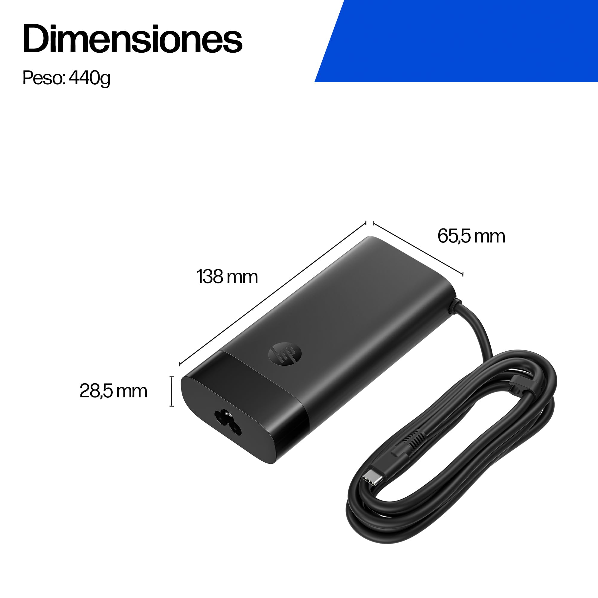 Adaptador de Corriente HP USB-C 140W B7NM4AA Cargador portátil 140W para portátiles y Dispositivos USB-C con Carga rápida, Segura e Inteligente
