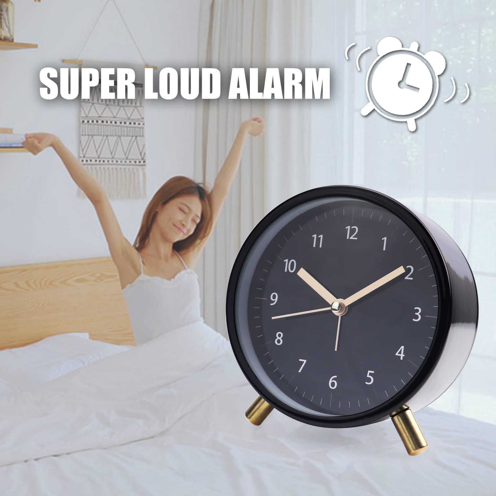 AOLOX Alarm Clock 4.5" Bedside Analog Alarm Clock for Bedroom Battery Operated Round Clock with Backlight, All Black