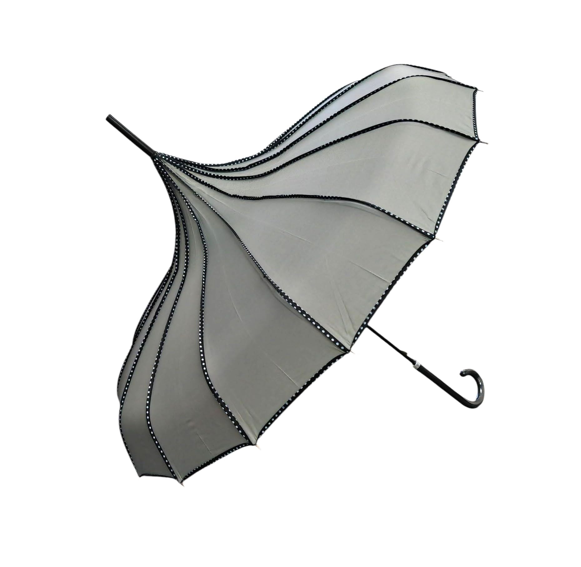Pagoda Stick Umbrella Parasol With Polka Dots Trim Sun Rain Wedding Event (Gray)