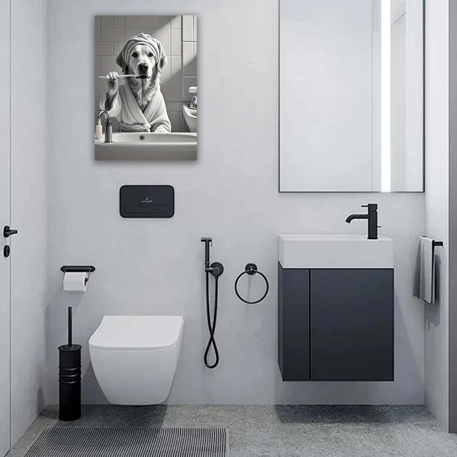 Qiukoo Bathroom Wall Art with Wooden Frame and Hanging Hooks, Funny Dog Brushing Teeth Canvas Print - Image 4
