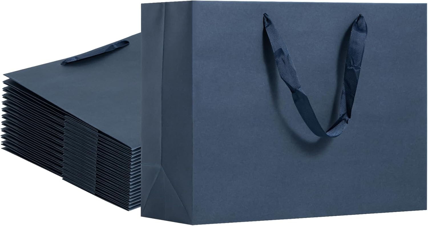 Dasofine 25pcs Navy Blue Gift Bags, Large 13" x 5" x 10", Thick Kraft Paper Favor Bags with Handles for Party, Wedding, Baby Shower